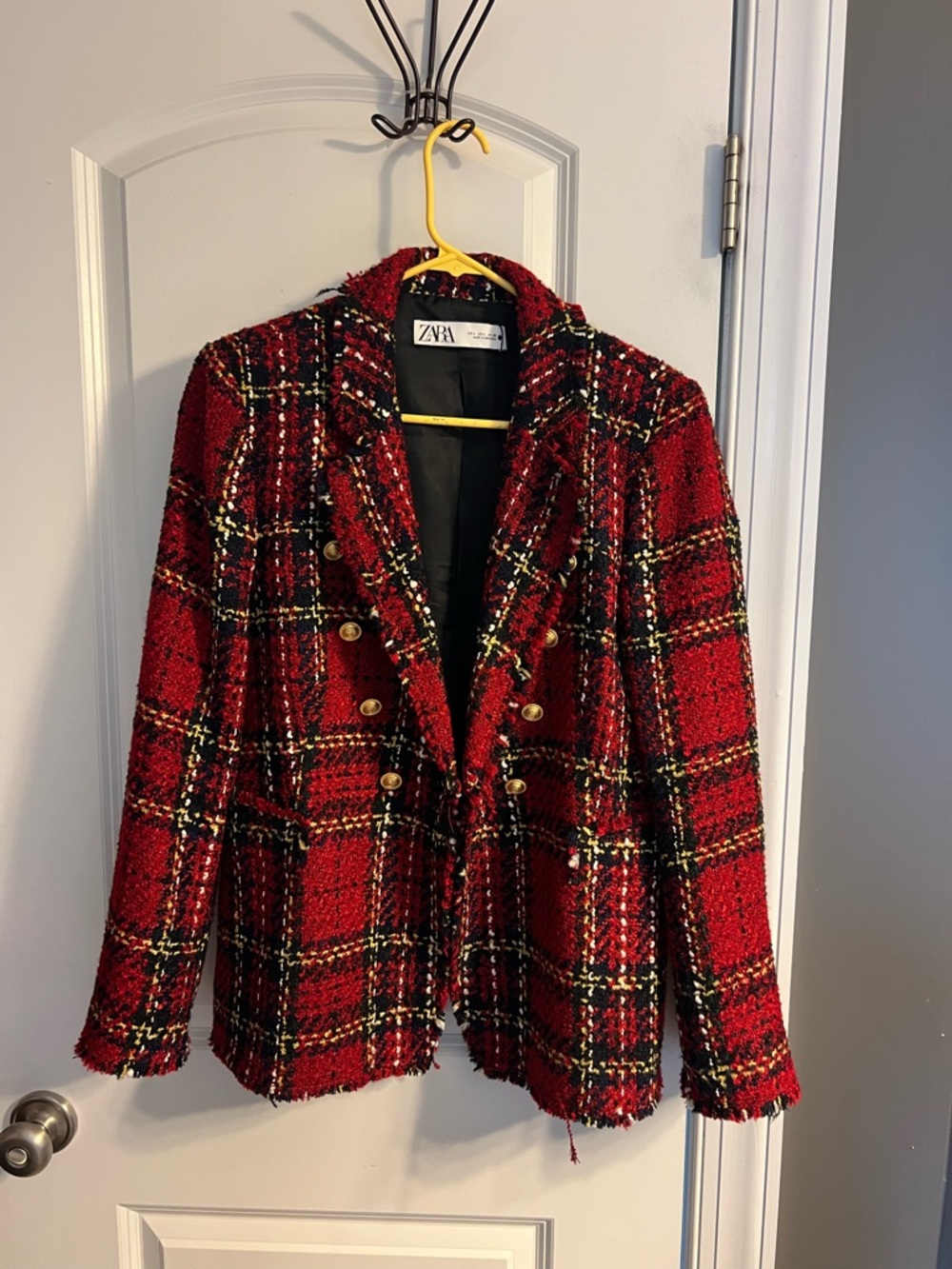 Zara Red Plaid Tweed Double-Breasted Blazer with Gold Buttons